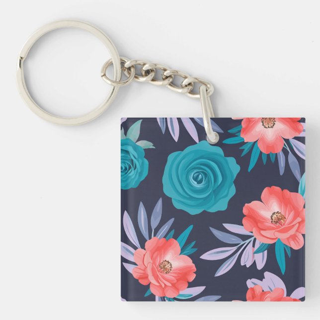 Turquoise Roses & Coral Flowers with Pastel Leaves Key Ring (Front)