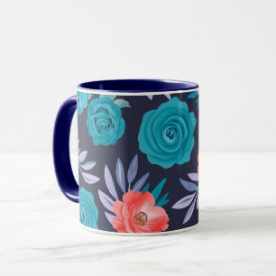 Turquoise Roses & Coral Flowers with Pastel Leaves Mug