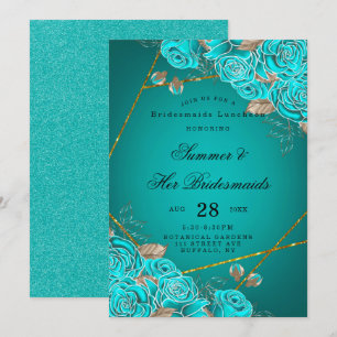 Turquoise Roses Geometric Bridesmaids Luncheon Invitation