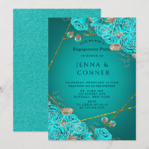 Turquoise Roses Gold Geometric Engagement Party Invitation