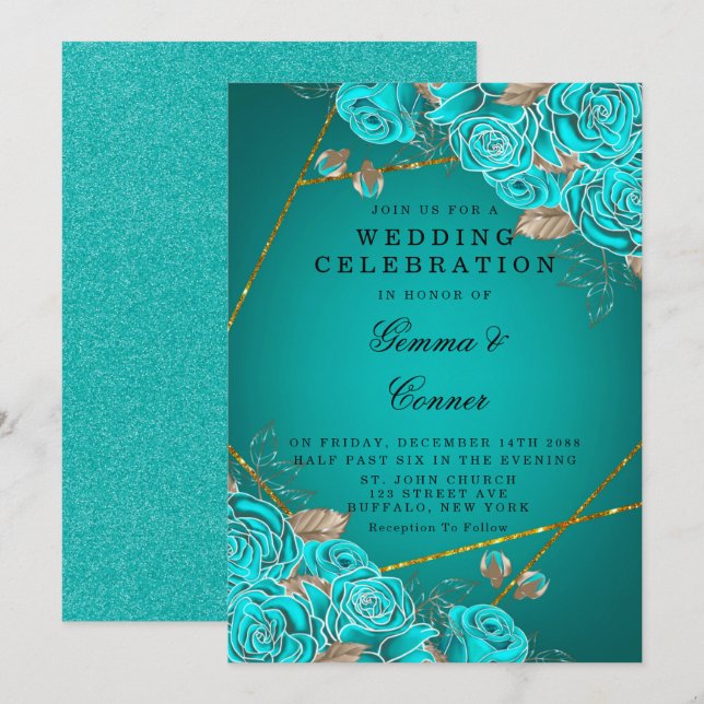 Turquoise Roses Gold Geometric Wedding  Invitation (Front/Back)