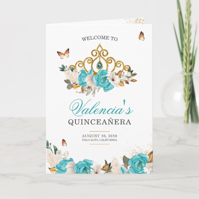 Turquoise Roses Gold Tiara Butterfly Quinceanera Programme (Front)