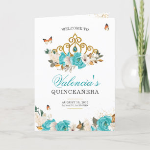 Turquoise Roses Gold Tiara Butterfly Quinceanera Programme