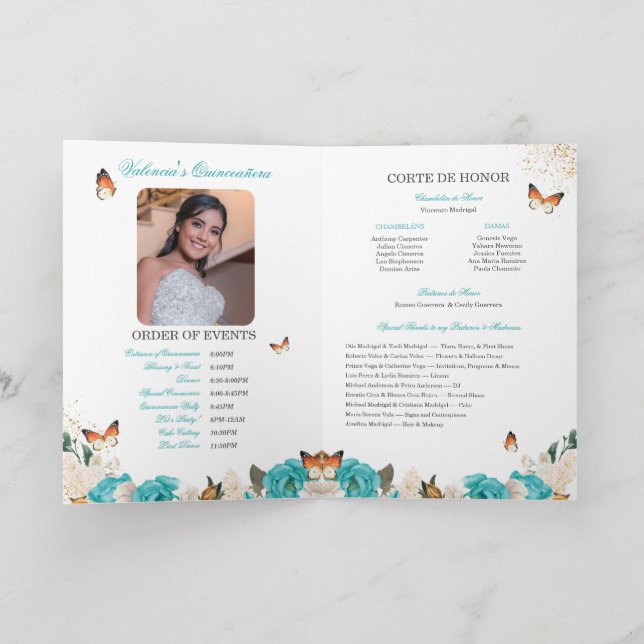 Turquoise Roses Gold Tiara Butterfly Quinceanera Programme (Inside)