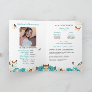 Turquoise Roses Gold Tiara Butterfly Quinceanera Programme