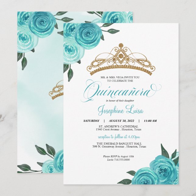 Turquoise Roses Golden Tiara Quinceañera Birthday Invitation (Front/Back)