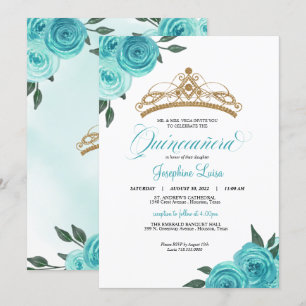 Turquoise Roses Golden Tiara Quinceañera Birthday Invitation