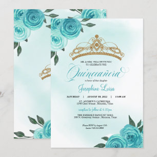Turquoise Roses Golden Tiara Quinceañera Birthday  Invitation