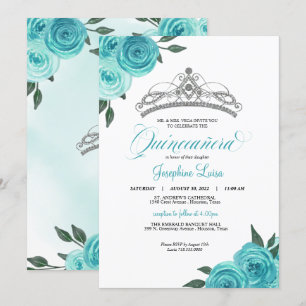 Turquoise Roses Silver Tiara Quinceañera Birthday Invitation