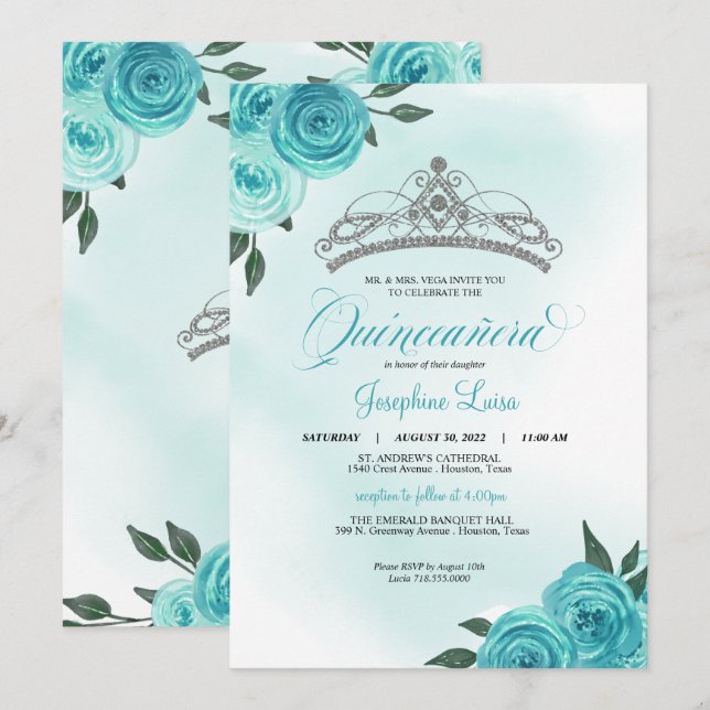 Turquoise Roses Silver Tiara Quinceañera Birthday  Invitation (Front/Back)