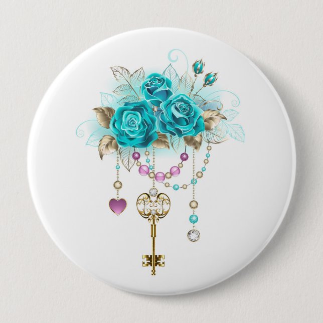 Turquoise Roses with Keys 10 Cm Round Badge (Front)