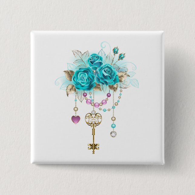 Turquoise Roses with Keys 15 Cm Square Badge (Front)