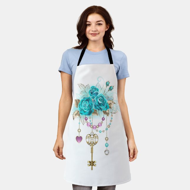 Turquoise Roses with Keys Apron (Worn)