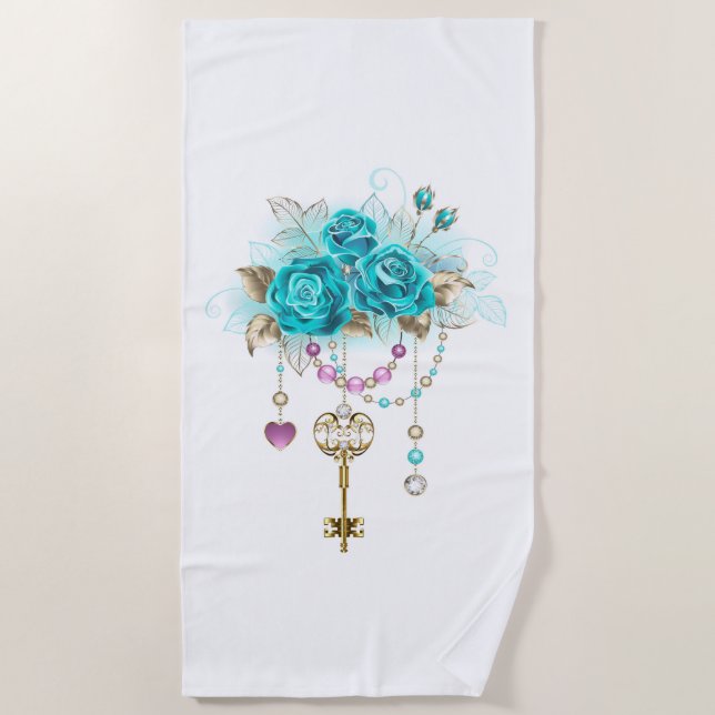 Turquoise Roses with Keys Beach Towel (Front)