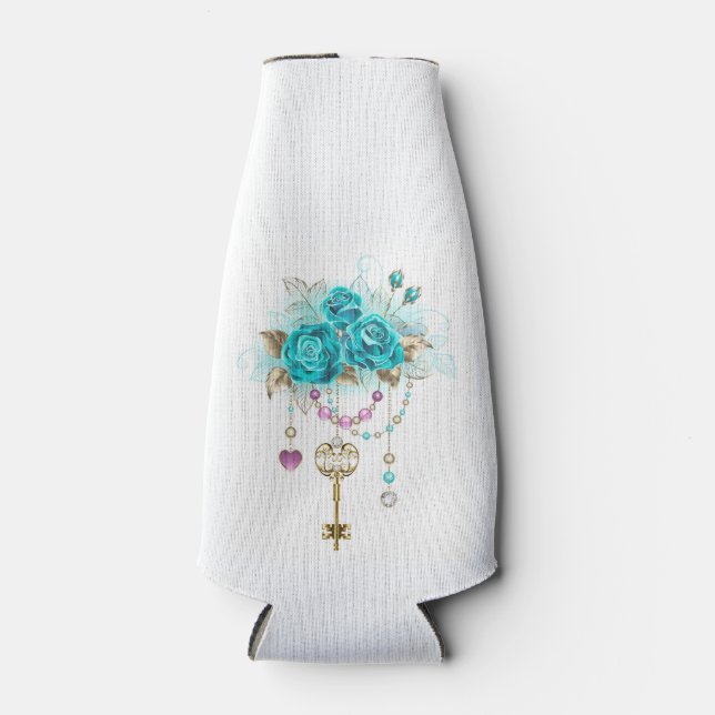 Turquoise Roses with Keys Bottle Cooler (Front)