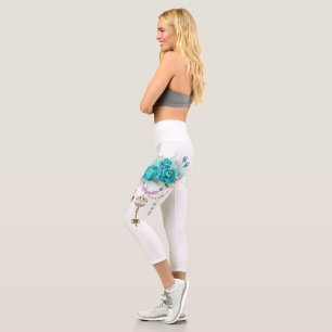 Turquoise Roses with Keys Capri Leggings