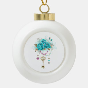 Turquoise Roses with Keys Ceramic Ball Christmas Ornament