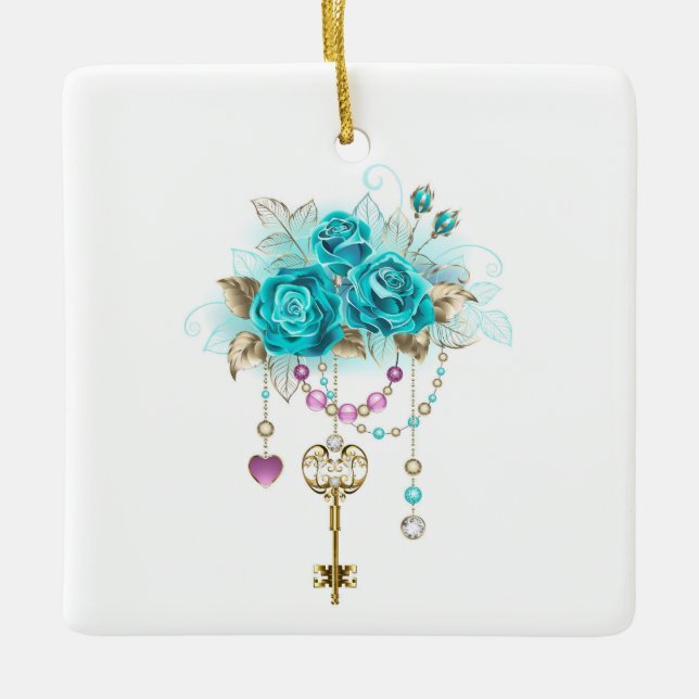 Turquoise Roses with Keys Ceramic Ornament (Front)