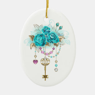 Turquoise Roses with Keys Ceramic Tree Decoration