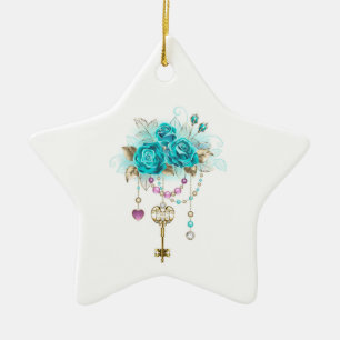 Turquoise Roses with Keys Ceramic Tree Decoration