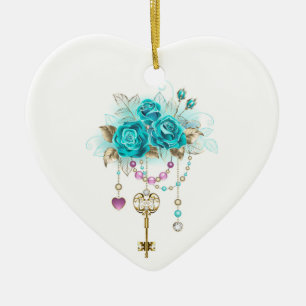 Turquoise Roses with Keys Ceramic Tree Decoration