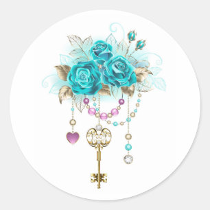 Turquoise Roses with Keys Classic Round Sticker