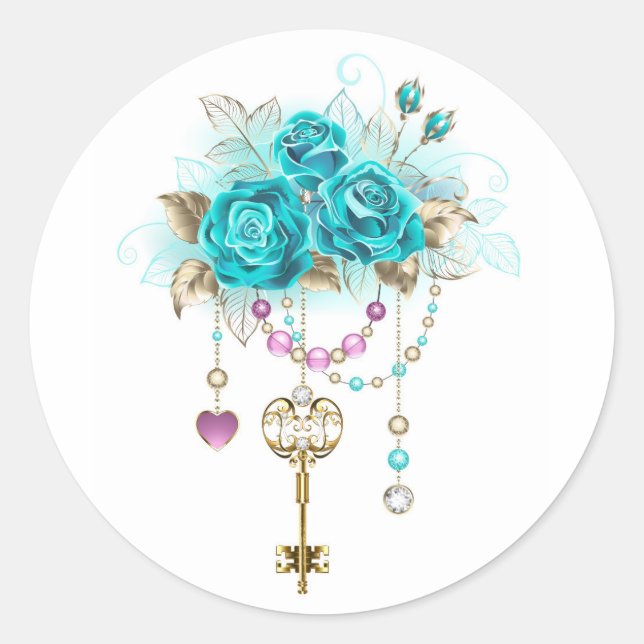 Turquoise Roses with Keys Classic Round Sticker (Front)