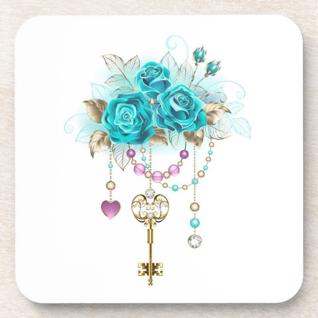 Turquoise Roses with Keys Coaster (Front)