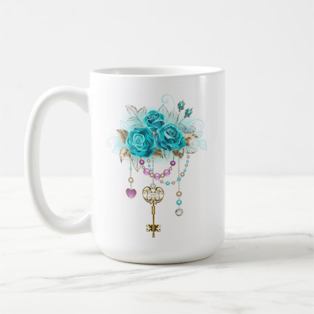 Turquoise Roses with Keys Coffee Mug (Left)