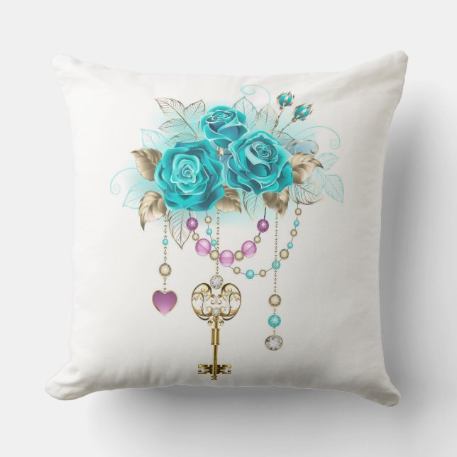 Turquoise Roses with Keys Cushion (Front)