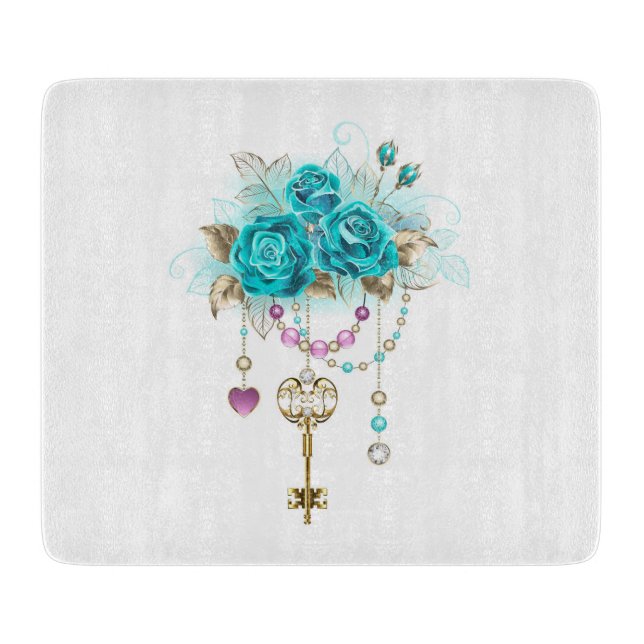 Turquoise Roses with Keys Cutting Board (Front)