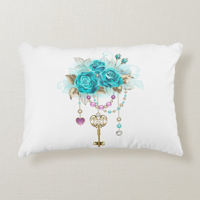 Turquoise Roses with Keys Decorative Cushion (Front)