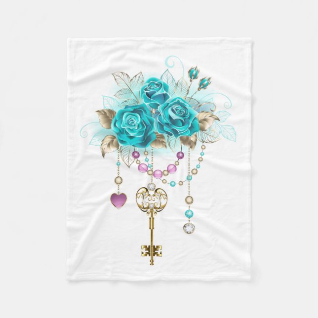 Turquoise Roses with Keys Fleece Blanket (Front)