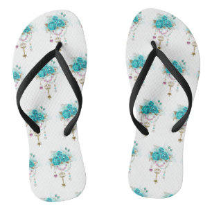 Turquoise Roses with Keys Flip Flops