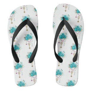 Turquoise Roses with Keys Flip Flops