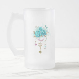 Turquoise Roses with Keys Frosted Glass Beer Mug