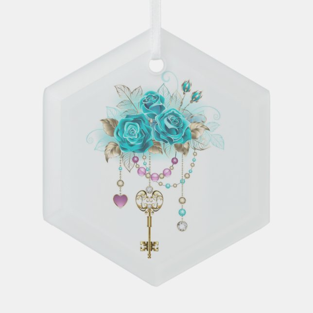 Turquoise Roses with Keys Glass Tree Decoration (Front)