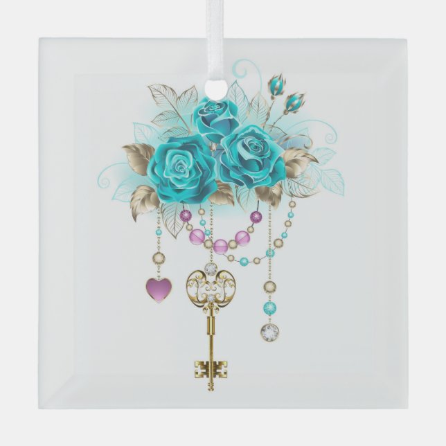 Turquoise Roses with Keys Glass Tree Decoration (Front)