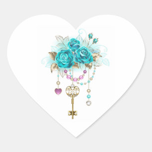Turquoise Roses with Keys Heart Sticker