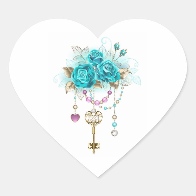 Turquoise Roses with Keys Heart Sticker (Front)