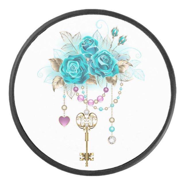 Turquoise Roses with Keys Hockey Puck (Front)
