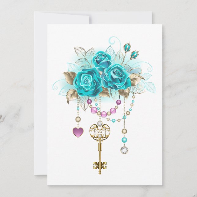 Turquoise Roses with Keys Holiday Card (Front)