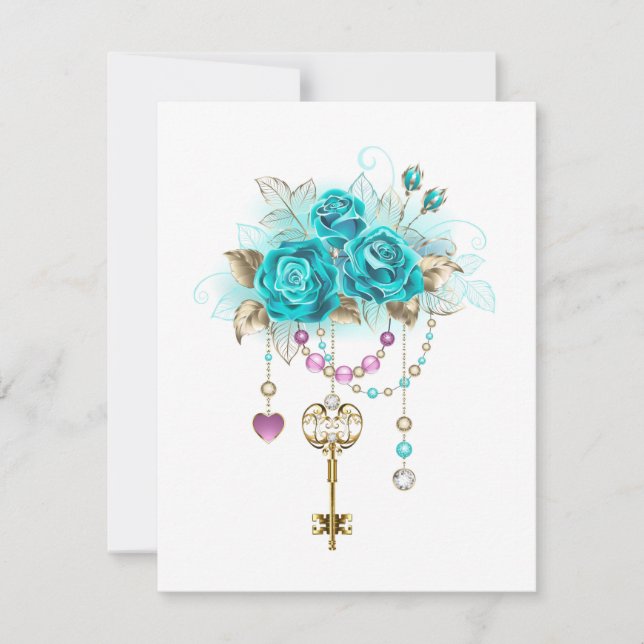 Turquoise Roses with Keys Holiday Card (Front)