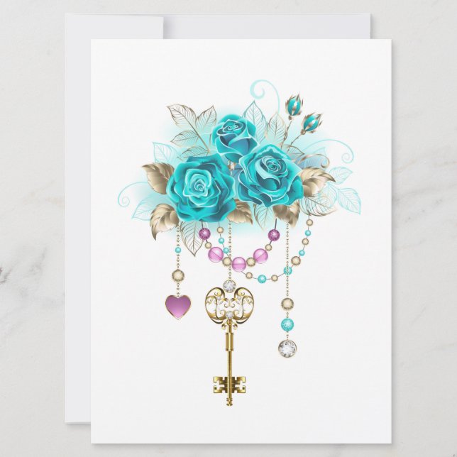 Turquoise Roses with Keys Invitation (Front)