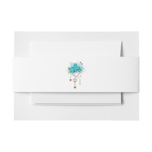 Turquoise Roses with Keys Invitation Belly Band (Front Example)