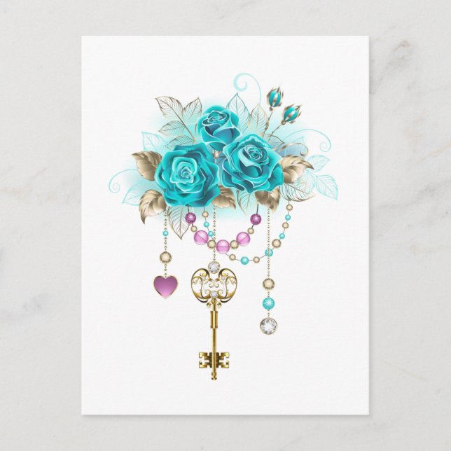 Turquoise Roses with Keys Invitation Postcard (Front)
