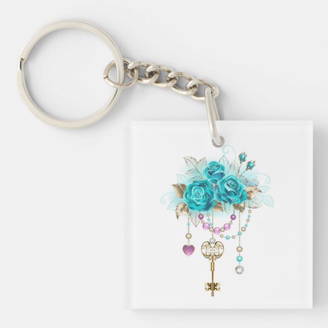 Turquoise Roses with Keys Key Ring (Front)