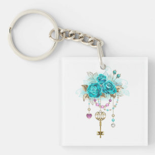 Turquoise Roses with Keys Key Ring