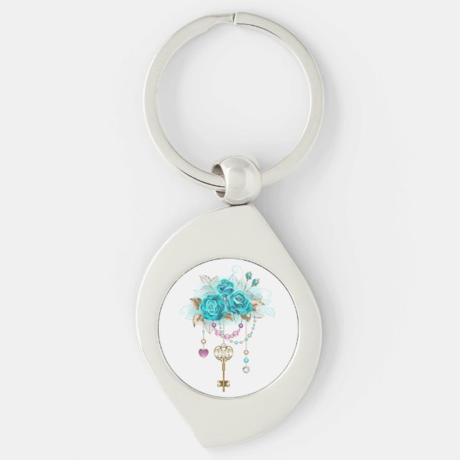 Turquoise Roses with Keys Key Ring (Front)