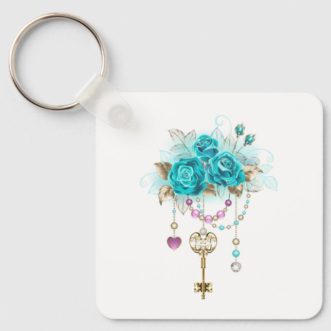 Turquoise Roses with Keys Key Ring (Front)